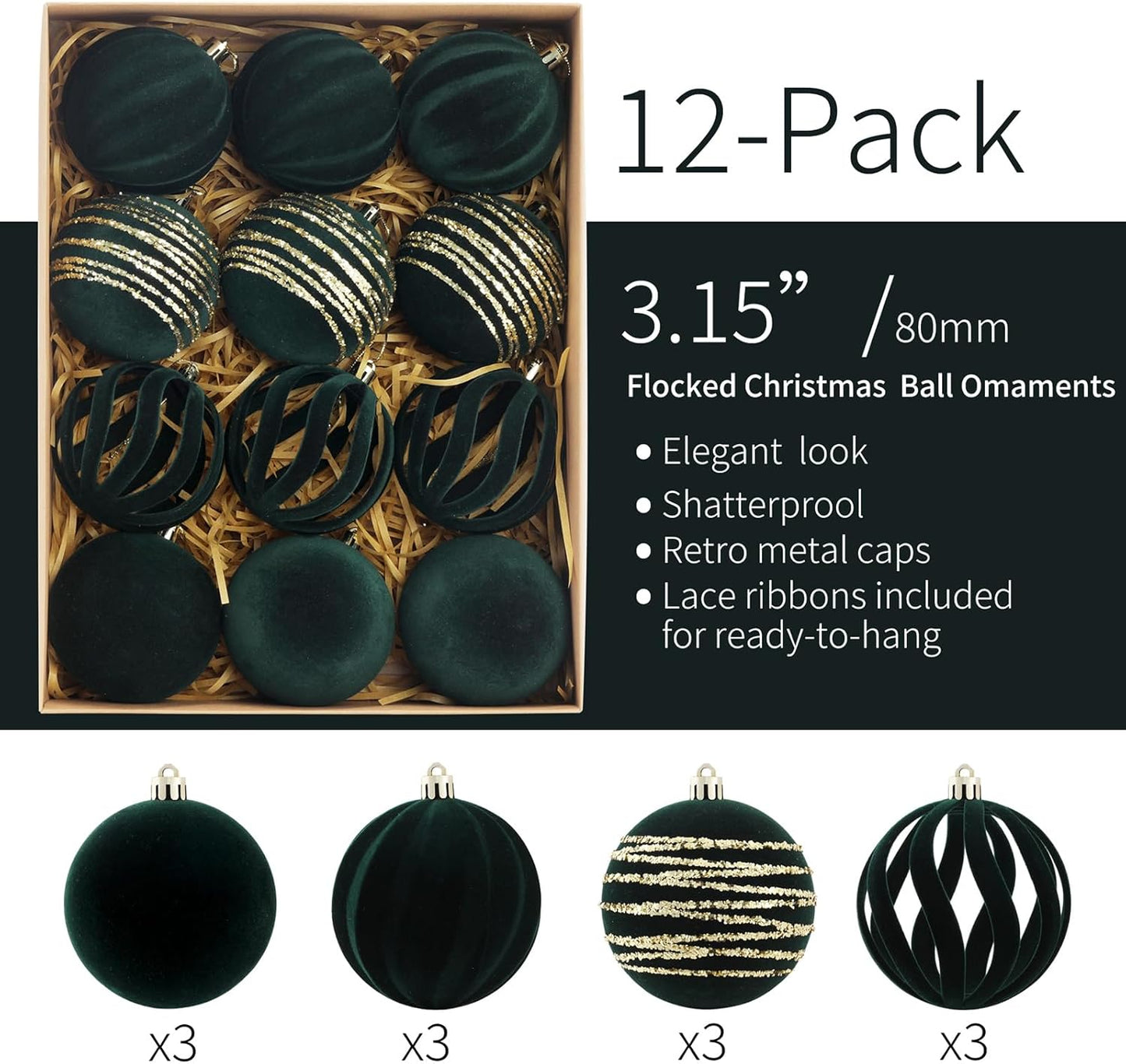 Christmas Ornaments Set of 12, 3.15" Flocked Velvet Balls with Hand Painted Designs,Emerald Green Elegant Christmas Tree Decorations in Gift Box