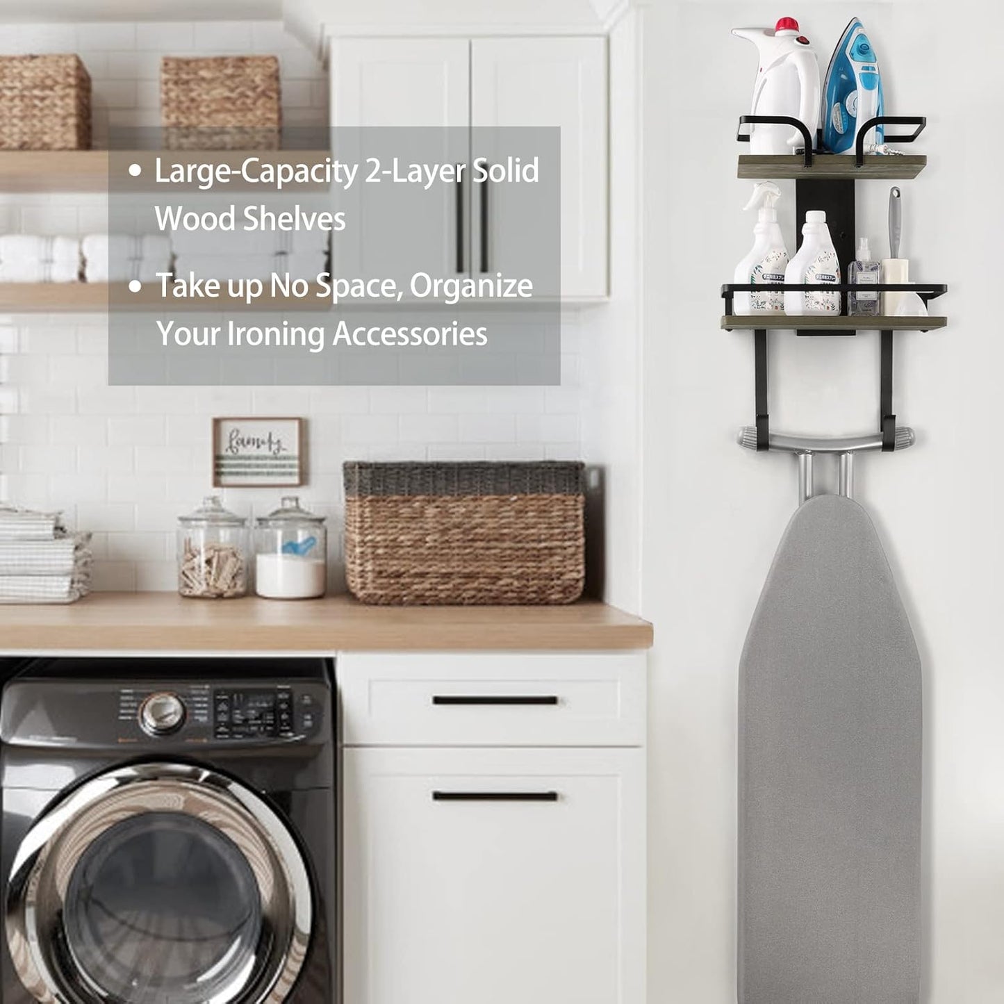 VINAEMO Ironing Board Hanger Wall Mount, 2-Layer Iron and Ironing Board Holder, Laundry Room Shelves Solid Wood with Removable Hooks Home Organization and Storage