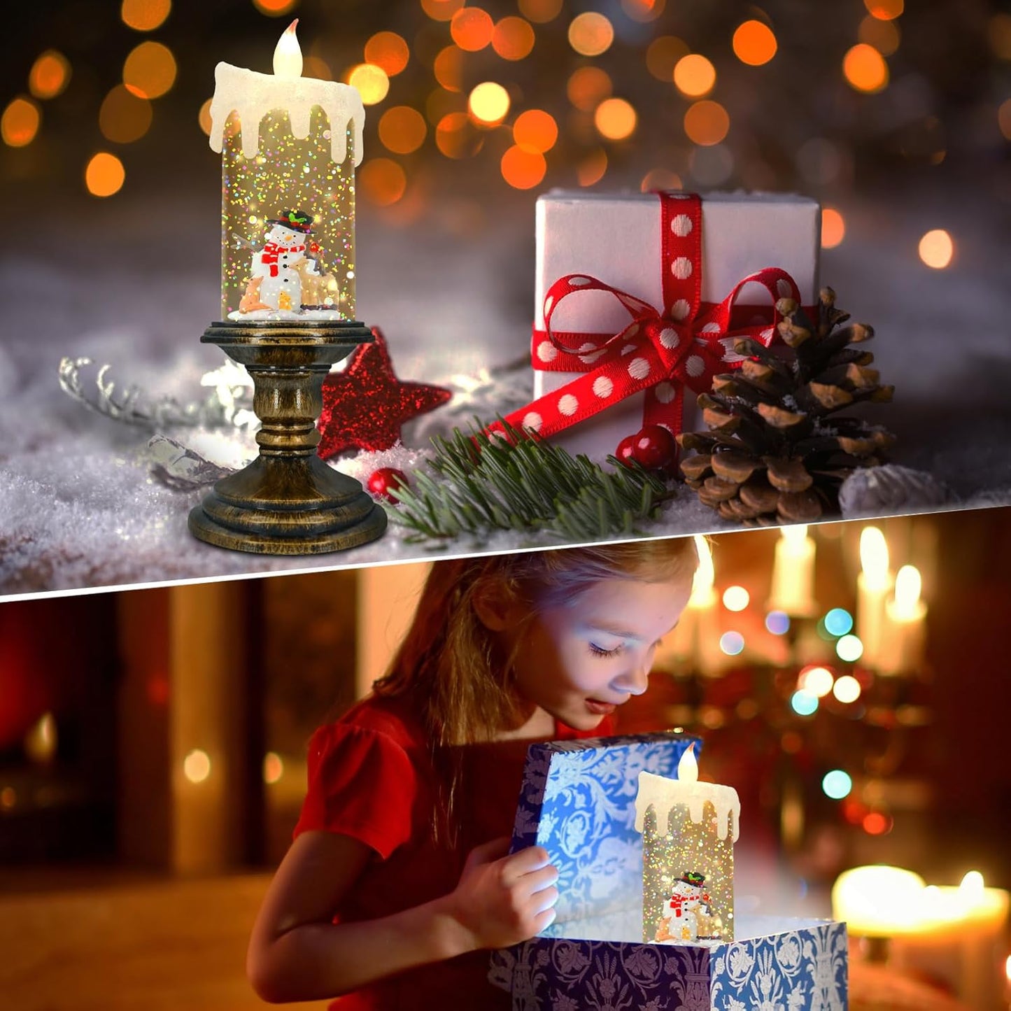 Christmas Flameless Candles, Flickering Flameless Candles with Timer, LED Candles Battery Operated, Snow Globe Candle Light for Christmas Decorations