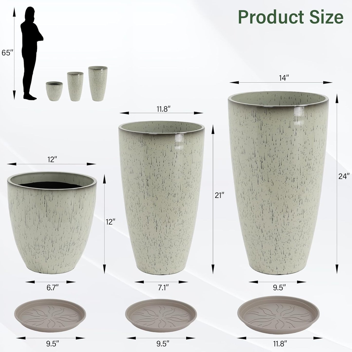 24/21/12 Inch Large Plastic Planter, Lightweight Ceramic-Look Large Flower Pots with Drain Hole & Saucers, Plastic Outdoor Planters for Garden, Patio, Balcony(Glaze White)