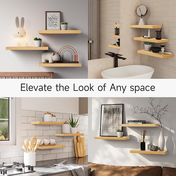 BAYKA Floating Shelves for Wall, Wall Mounted Rustic Wood Shelves for Bathroom, Bedroom, Living Room, Kitchen,Small Hanging Shelf for Books/Storage/Room Decor (Oak-Toned, Set of 3, 15.7in)