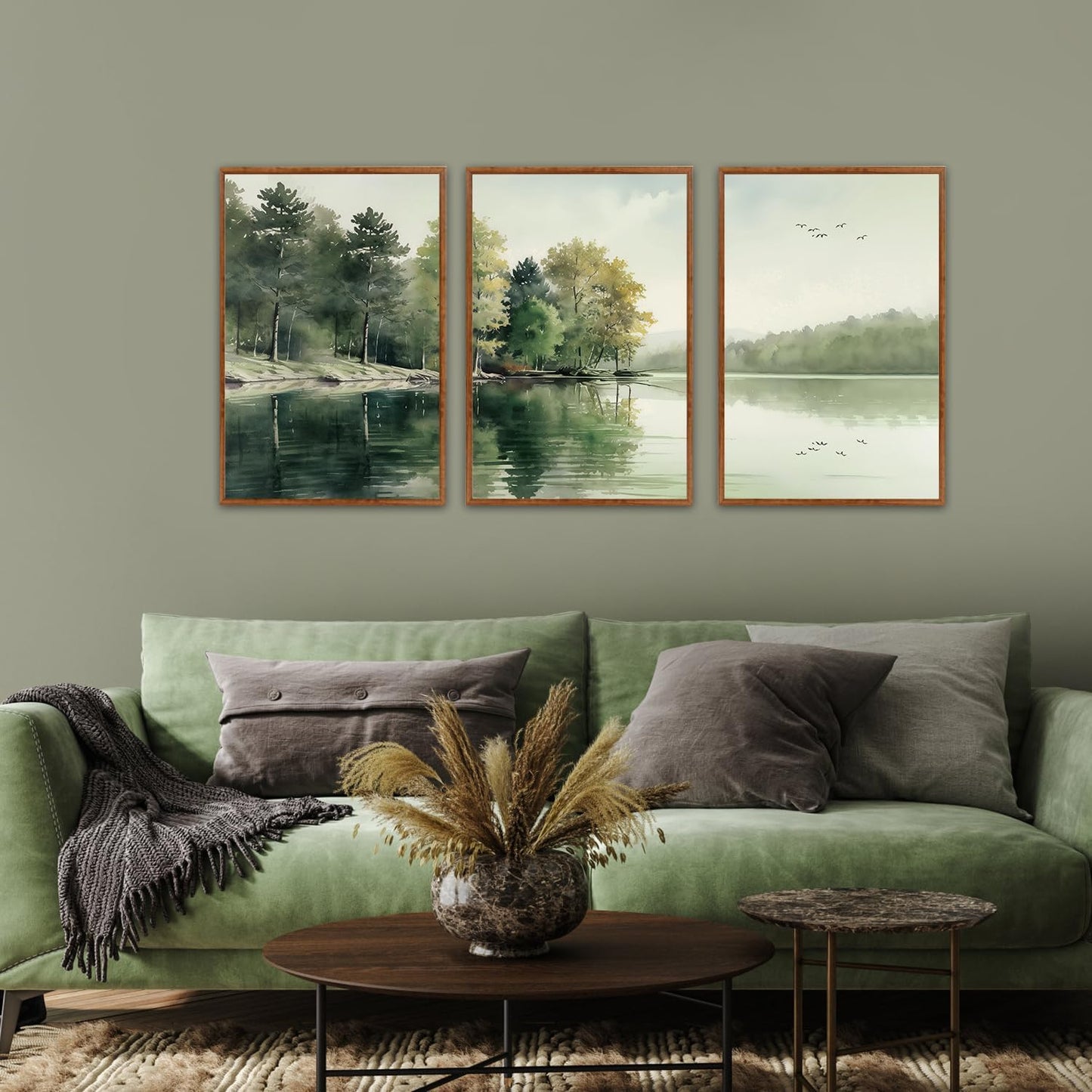 KAIRNE Framed Nature Canvas Wall Art Set,Misty Forest Wall Decor,Green Mountain Forest Pictures,Lake Water Painting set of 3(16”x24”),Landscape Scene Print for Living Room, Bedroom,Gallery Decor