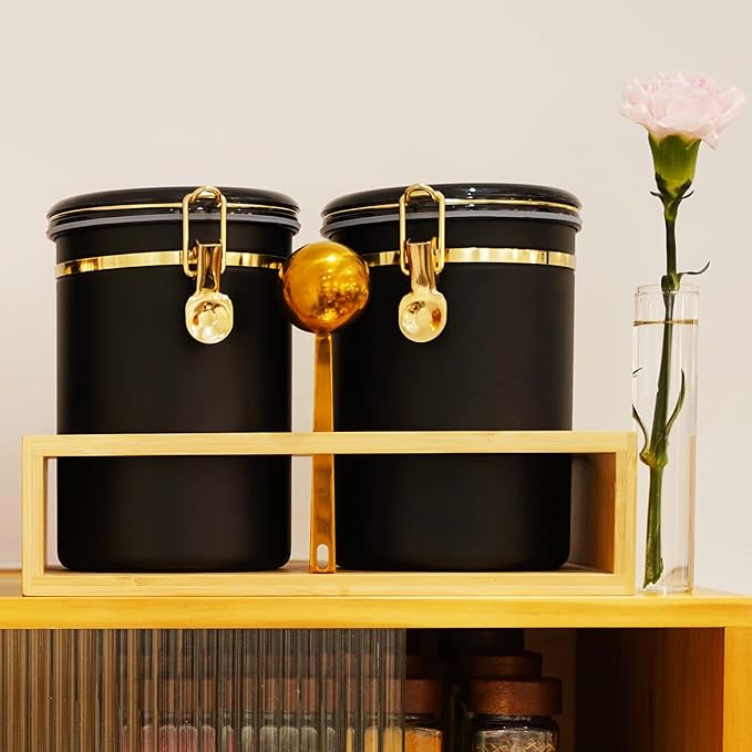 Yangbaga 304 Stainless Steel Coffee Canisters for Ground Coffee,2 x 63OZ Coffee Container with Shelf Coffee Bean Storage, Food Storage Jar with Gold Airtight Locking Clamp and Spoon for Kitchen