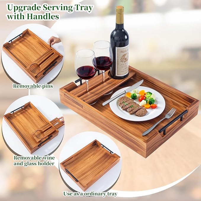 Wood Serving Tray with Handles, 17"x12" Rustic Wooden Trays with Removable Wine Glass Holder Decorative Ottoman Tray for Living Room, Coffee Table, Breakfast Food Trays in Bed