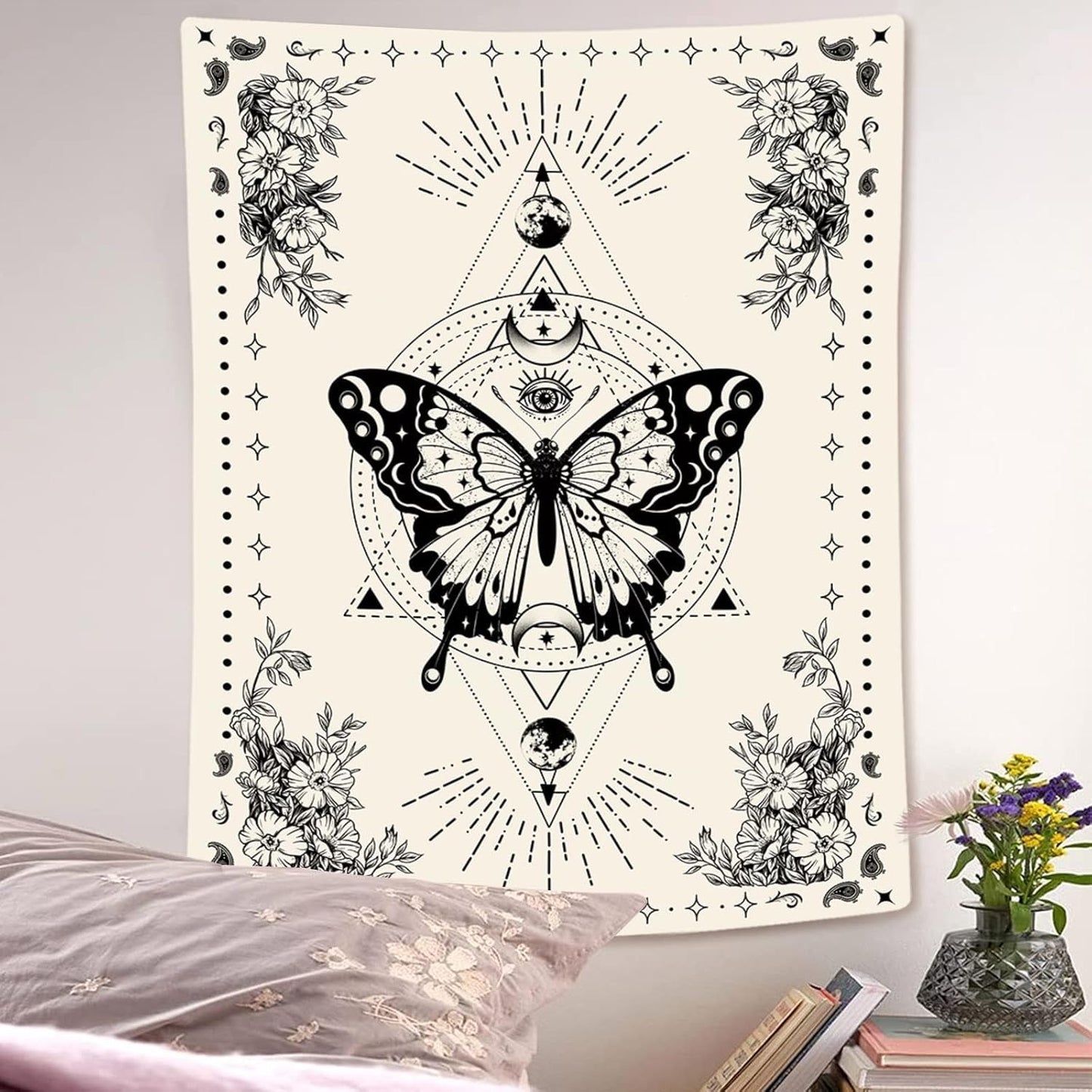 Lunerfex Boho Butterfly Tapestry Small Tapestry Tarot Tapestries Moon Phase Aesthetic Tapestries Wall Hanging for Bedroom and Living Room Decor Butterfly 44×60 Inches