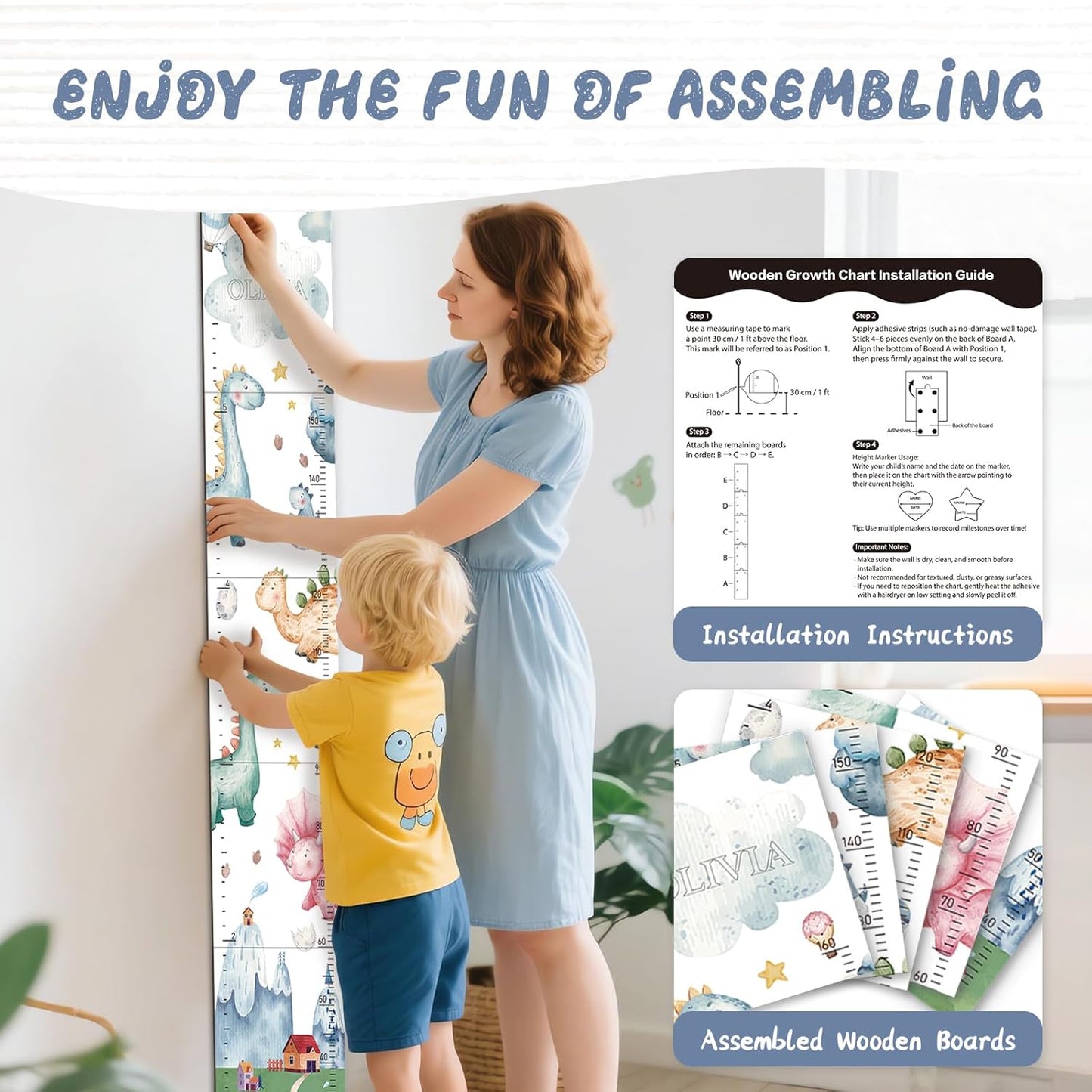 Personalized Name Growth Chart for Kids, Watercolor Dinosaur Height Measurement Chart for Children's Growth, Suitable for Both Boys and Girls, Removable and Easy to Store, Lightweight