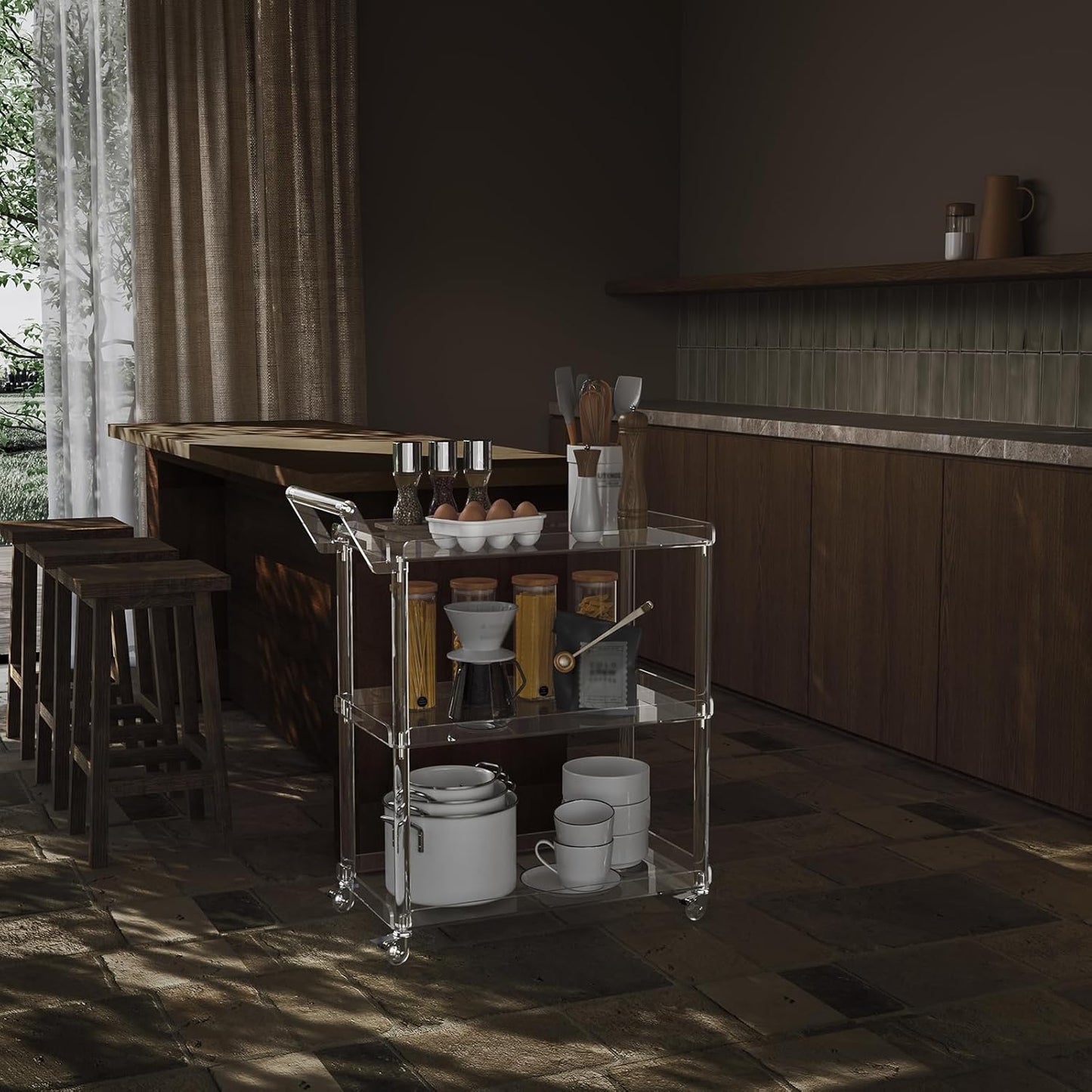 HMYHUM Acrylic Bar Cart with 4 Lockable Wheels, 30.5" L x 15.2" W x 34.5" H, Rolling Serving Cart for The Home Bar, Kitchen, Living Room, with Pulling Handle, Modern, 3-Tier, Clear