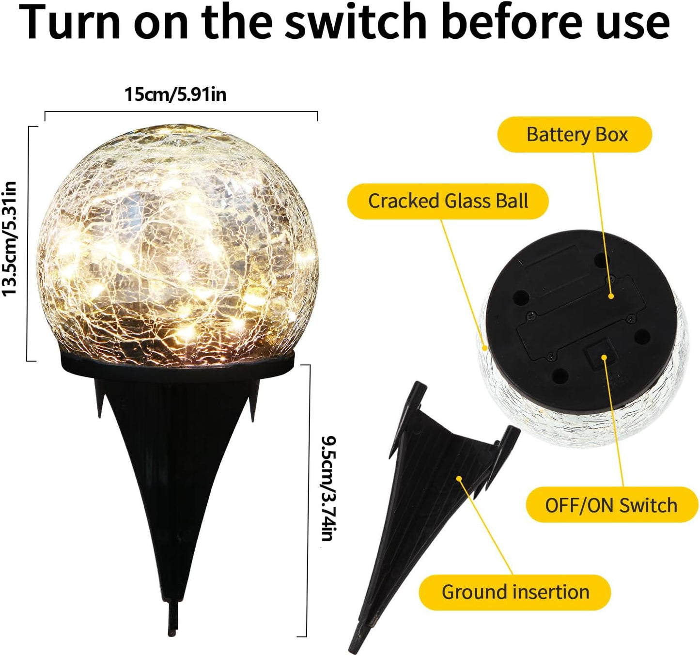 Solar Garden Lights, Cracked Glass Solar Globe Lights, Waterproof Warm White LED Ball for Yard Pathway Patio Lawn Halloween Christmas Outside Decor (Warm Colors, 2 Pack 5.91")