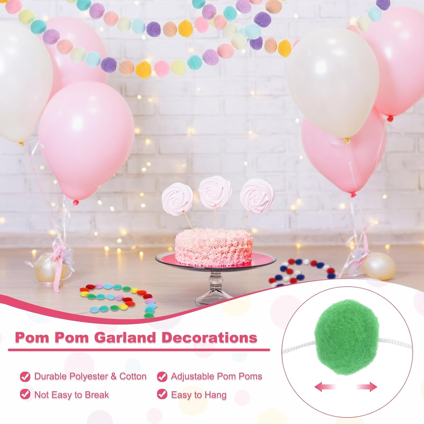 PATIKIL 13Ft Pom Pom Garland Decorations, 2Pcs Colorful Felt Ball Garland Banner Cute Rainbow Pompom Hanging Decorations for Tree Ornaments Decor, Pink/Green/Yellow/Purple/Blue/Orange