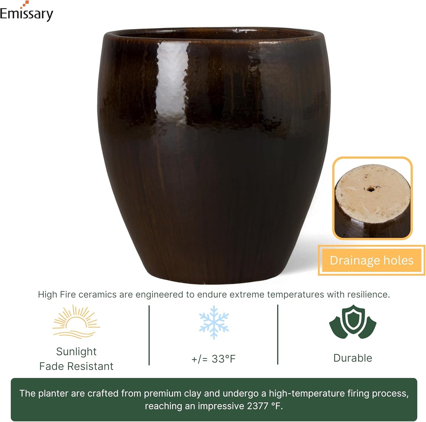 Emissary Home and Garden 18.5in. L x 19in. H Java Stoneware Round Planter with High-fire Treatment (Set of 1)