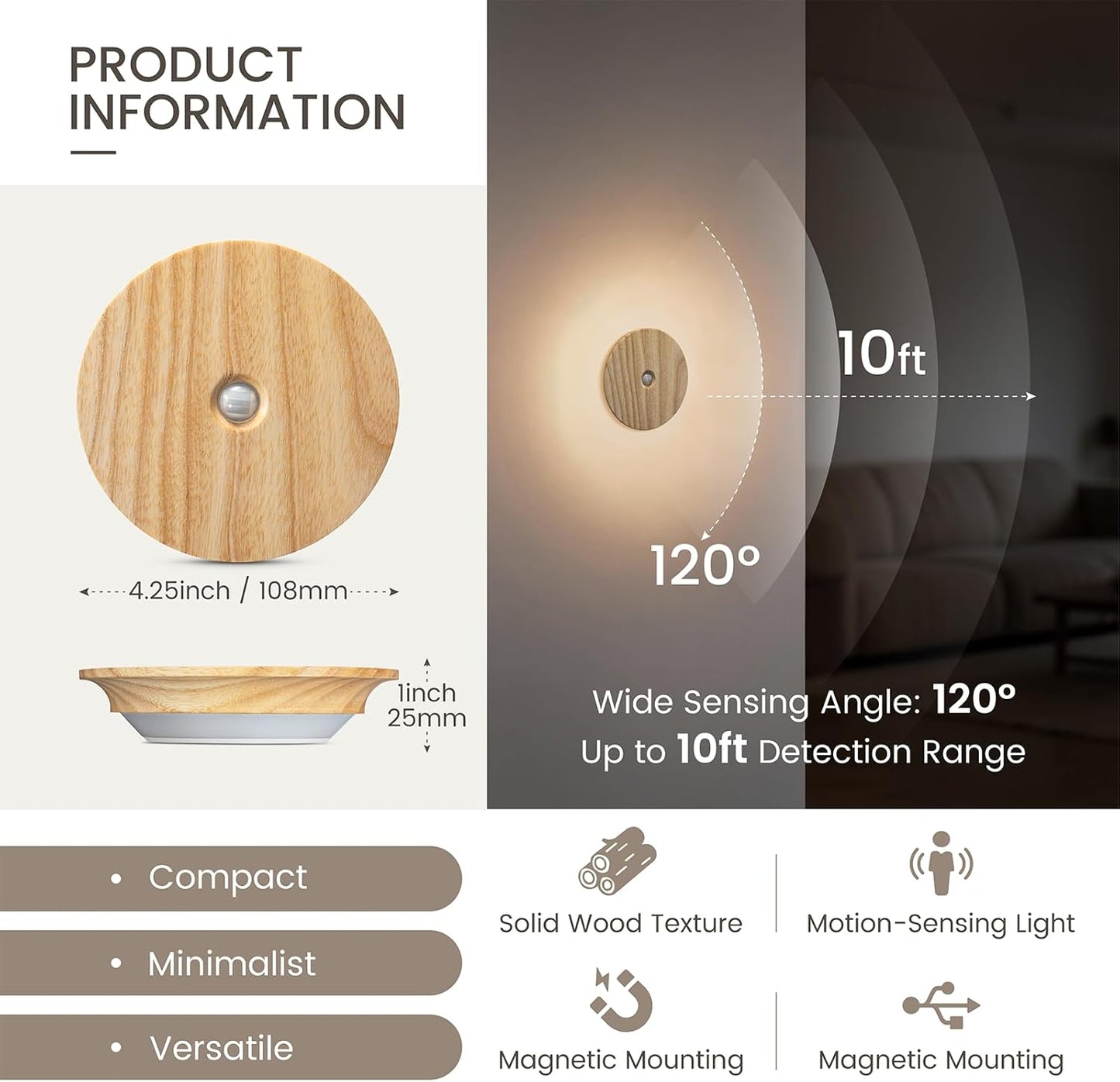 Motion Sensor Night Light Wood Rechargeable Battery-Powered Stick-On Step Lights Loftie Lights Magnetic Closet Warm Nightlight for Hallway Bedroom Stair (2 Pack Ash Wood)