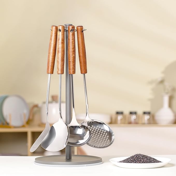 FJNATINH Stainless Steel Wok Tools Set,Wok Utensil - Wok Spatula,Turner,Ladle,Skimmer Tool Set,Mirror Polished Stainless Steel Cooking Utensils 14.6-15.2" Kitchen Utensils Cookware, Pack of 4