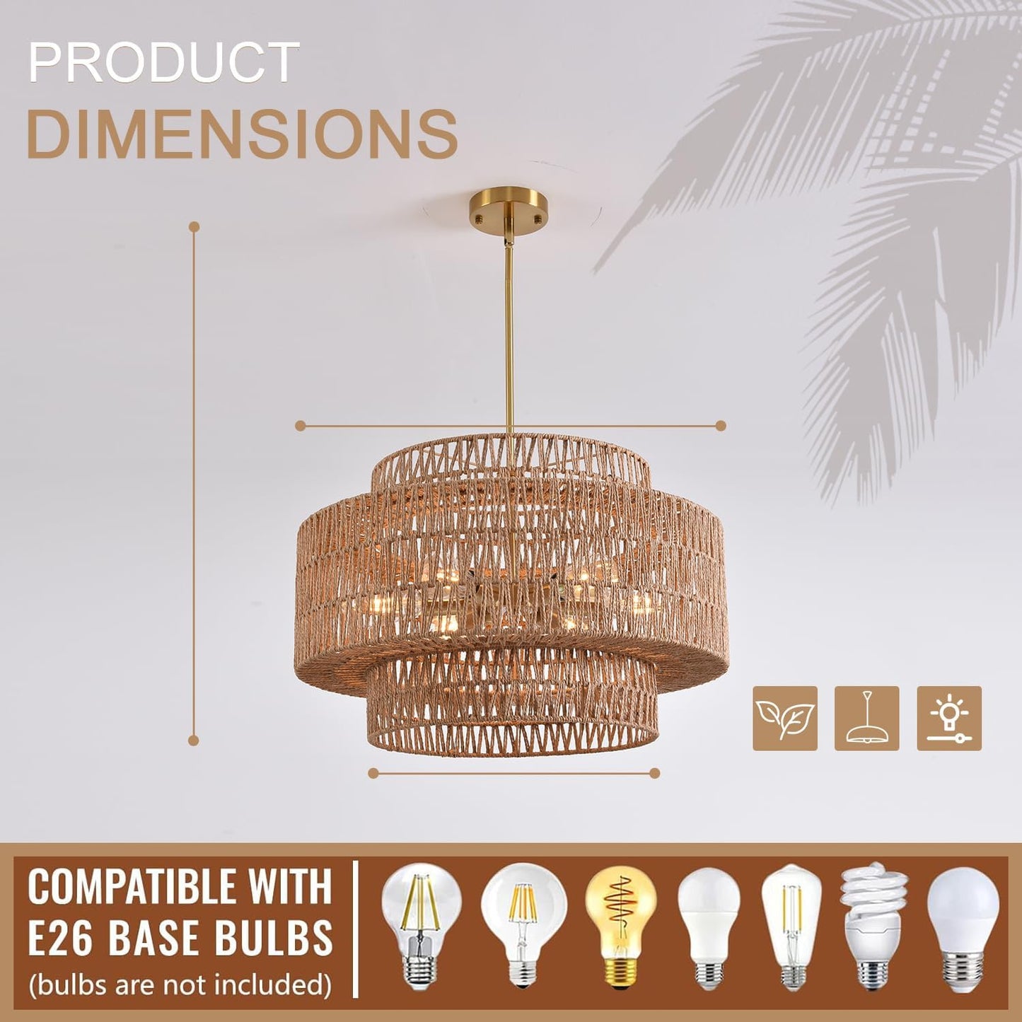 Rattan Chandelier Farmhouse 6 Lights Hand Woven Large Boho Chandeliers for Dining Room Light Fixture Hanging 23.62" Wicker Pendant Lighting for Island