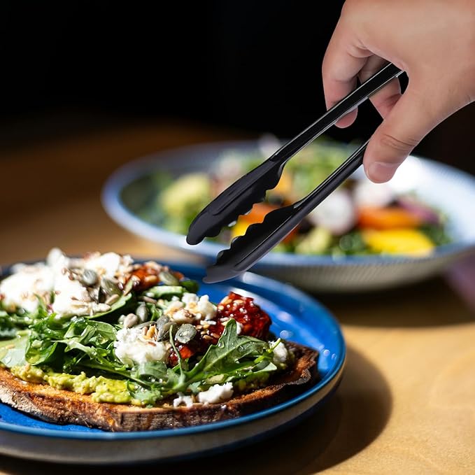 MSY BIGSUNNY 9 Inch Kitchen Food Tongs, Buffet Tongs, Serving Tongs, Black Aluminum Tongs - Set of 3