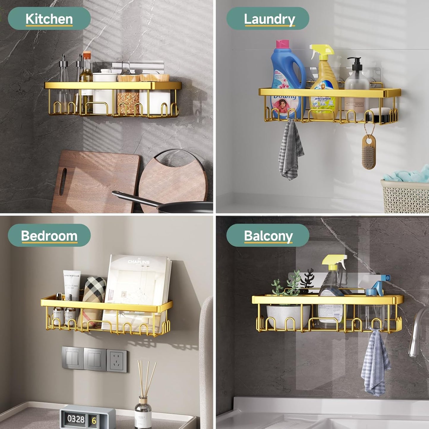 Veken Adhesive Shower Caddy 6-Pack,Gifts for Women Mom,Heavy Weight Bearing,Large Wall Mounted Bathroom Shelves Rack,Organizer Storage Accessories with Soap Dish&Toothbrush Holder,Bright Gold