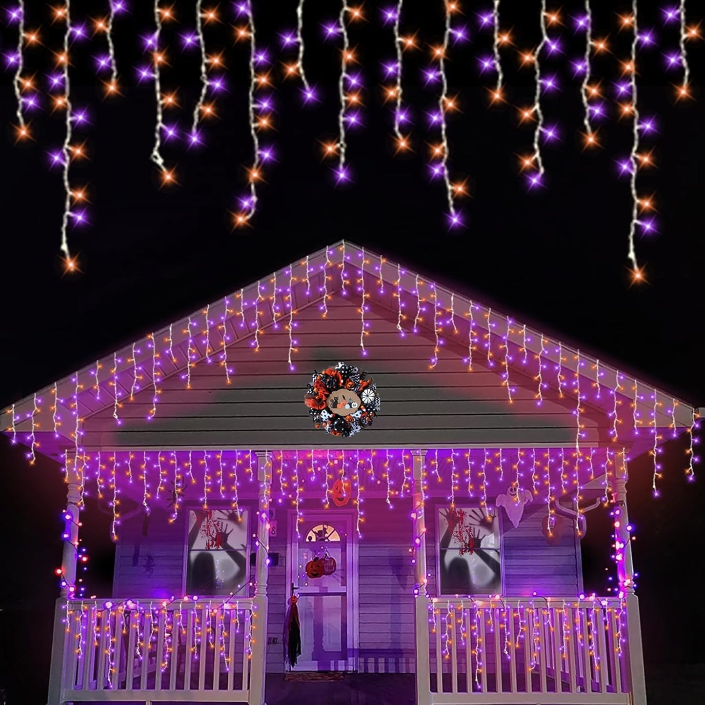 QITONG Orange and Purple Halloween Lights Outdoor, 33ft 400 LED Icicle Light Indoor Plug in, 8 Modes Connectable String Lights with 80 Drops