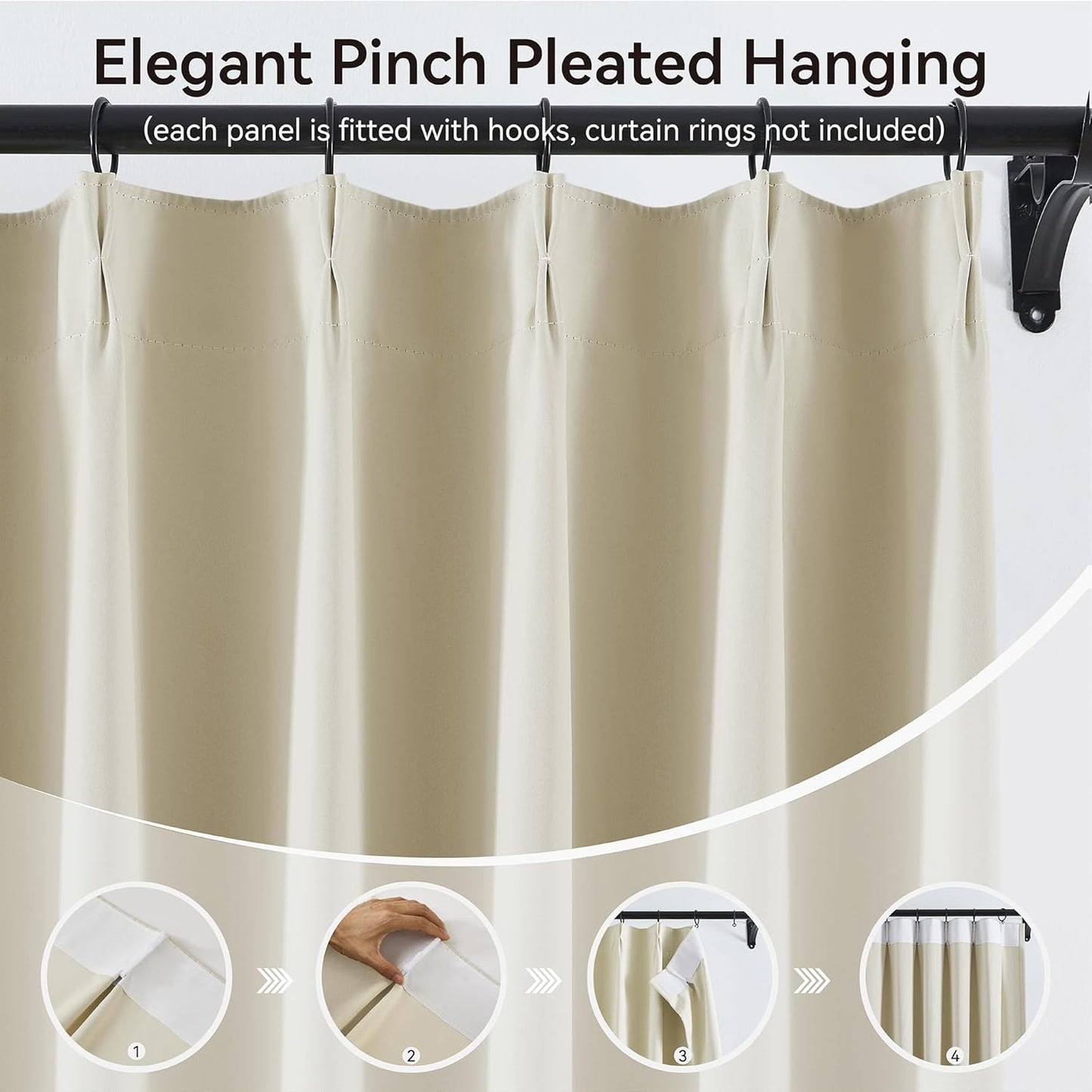 KangBang Cream Beige Pinch Pleated Curtains 2 Panels Set, 90 Inch Blackout Curtains for Bedroom Living Room, Room Darkening Sound Dampening Polyester Vertical Window Panels with Hooks, 40x90