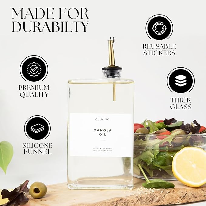 Premium Glass Olive Oil Dispenser Bottle 350ml | Cooking Oil and Vinegar Dispenser | Oil Dispenser for Kitchen with Gold Pourers, Funnel, Brush & 36 Labels (4 Pack)