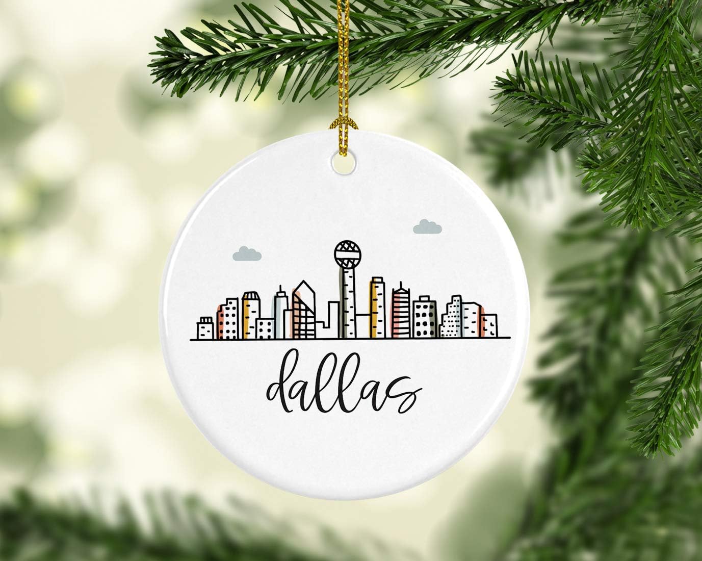 Andaz Press Round Ceramic Porcelain Christmas Tree Ornament Keepsake Gift, Colorful Dallas City Skyline, 1-Pack, Birthday Ideas Family Coworker Gift, Includes Box