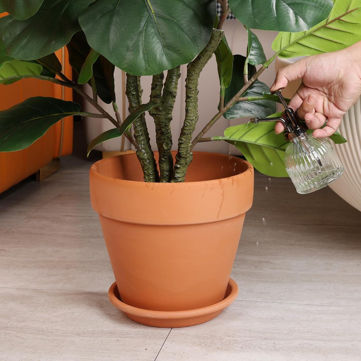 INGOFIN Terracotta Pot with Saucer - 10 Inch Ceramic Clay Pot for Plants with Drainage Hole, Large Terra Cotta Flower Planter with Tray for Indoor Outdoor Plants