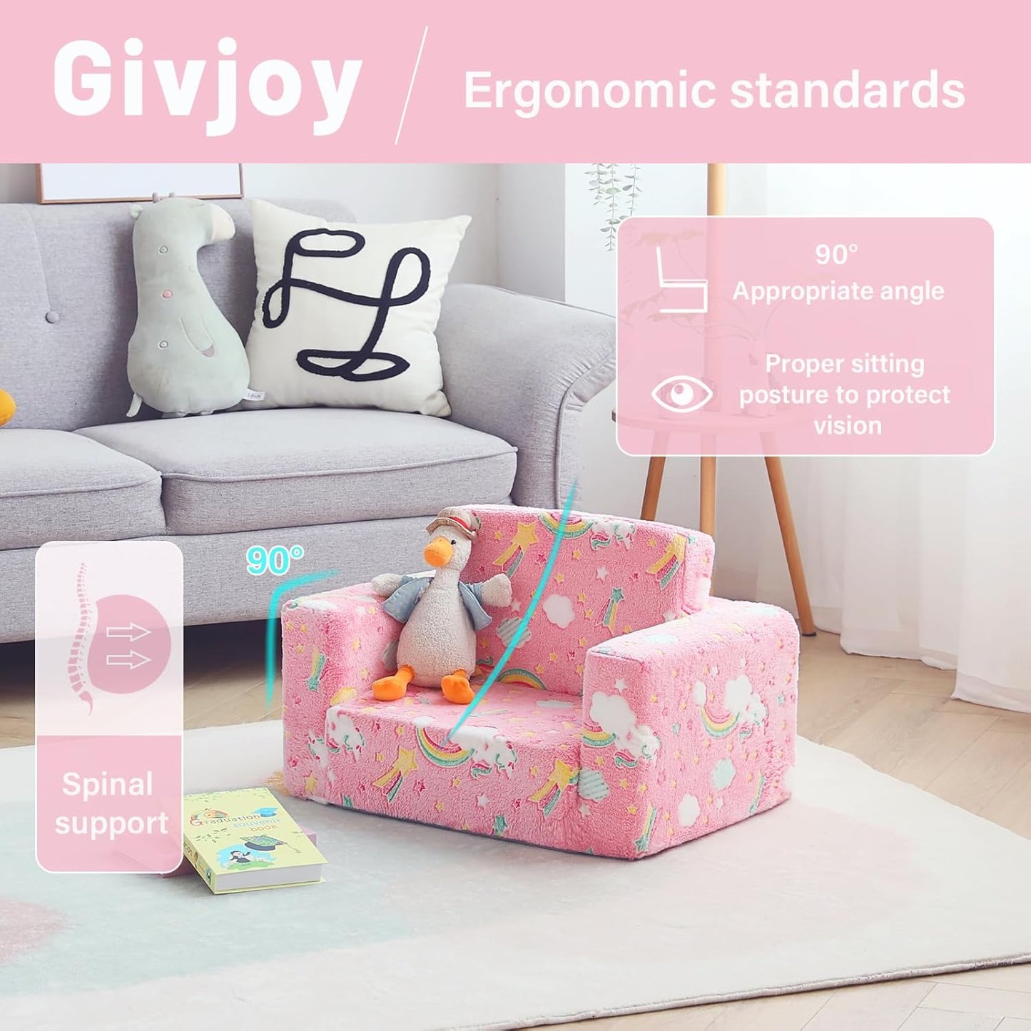 Toddler Chair Kids Couch, 2-in-1 Comfy Armchair with Removable and Washable Cover Carrying Handle, Convertible Reading Chair Toddler Couch for Girls and Boys, Pink Rainbow