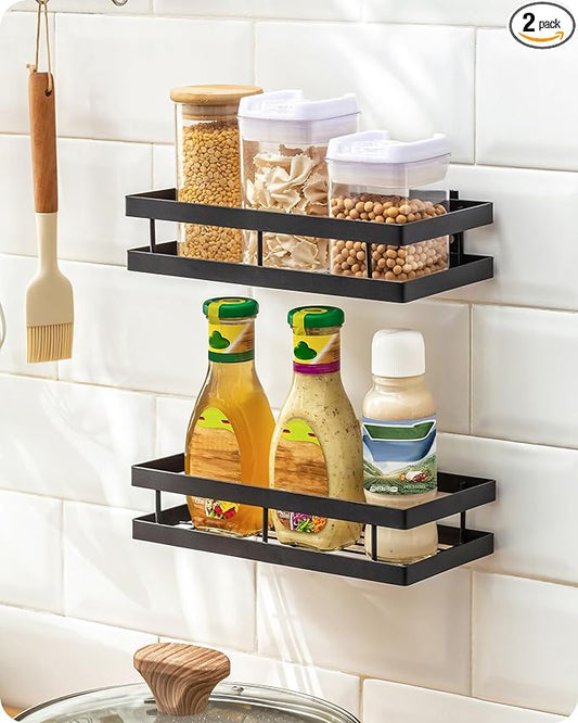 Metal Spice Rack Wall Mount Floating Shelves 2 Pack Black Storage organizer for Cabinet Door Pantry Kitchen Bathroom Supplies (13.7inches length)