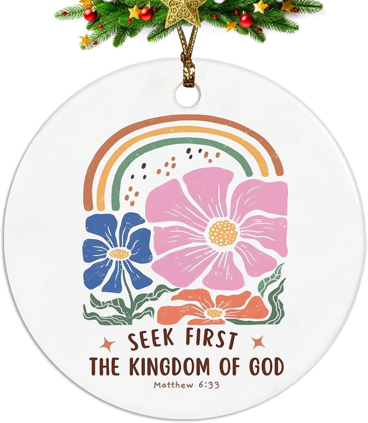 Christian Ornaments, Matthew 6:33 Seek First Scripture 70s Groovy Retro Floral Ceramic Ornament Keepsake Decorations, Christian Gifts for Women Teen Girls
