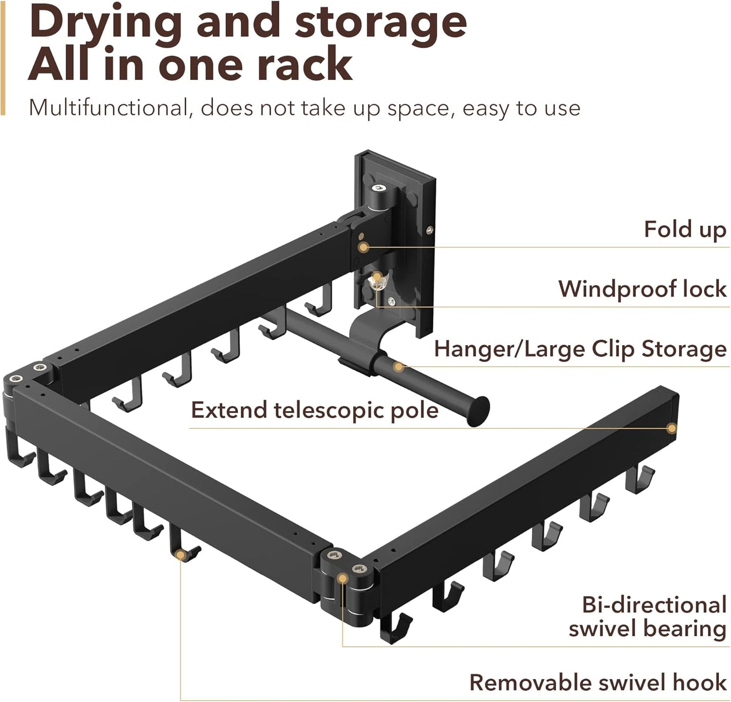 Clothes Drying Rack,Laundry Drying Rack Wall Mount, Wall Mounted Clothes Rack,Retractable,Collapsible(Tri-Fold),Drying Rack Clothing,can Fold Upward & Left & Right,Space Saver, White Color