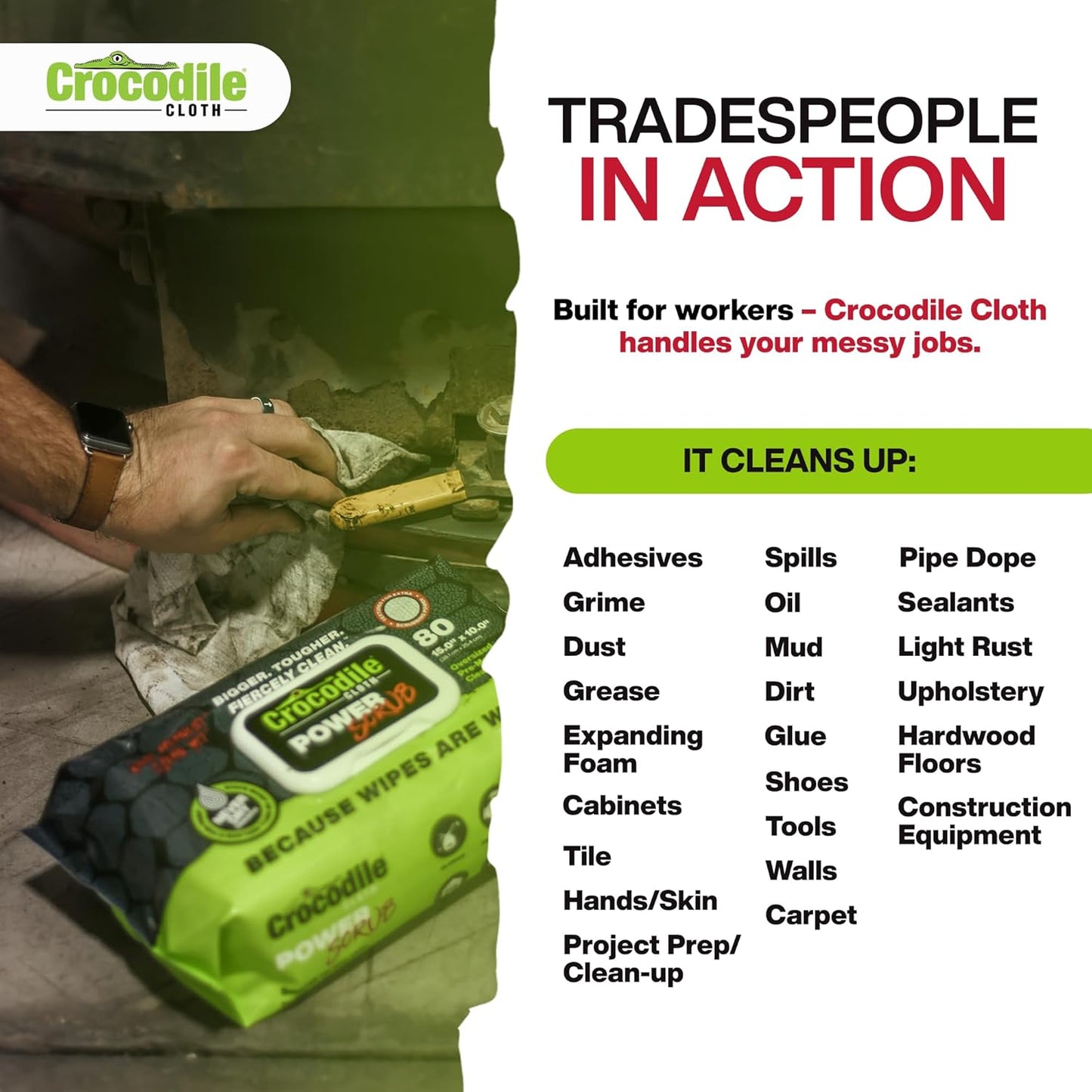 Crocodile Cloth PowerScrub - 80 Dual Surfaced Cloths, 10in X 15in. Large, Moist, Absorbent and Disposable Cleaning Cloths. Safe on Skin and Multiple Surfaces. (6500-080)