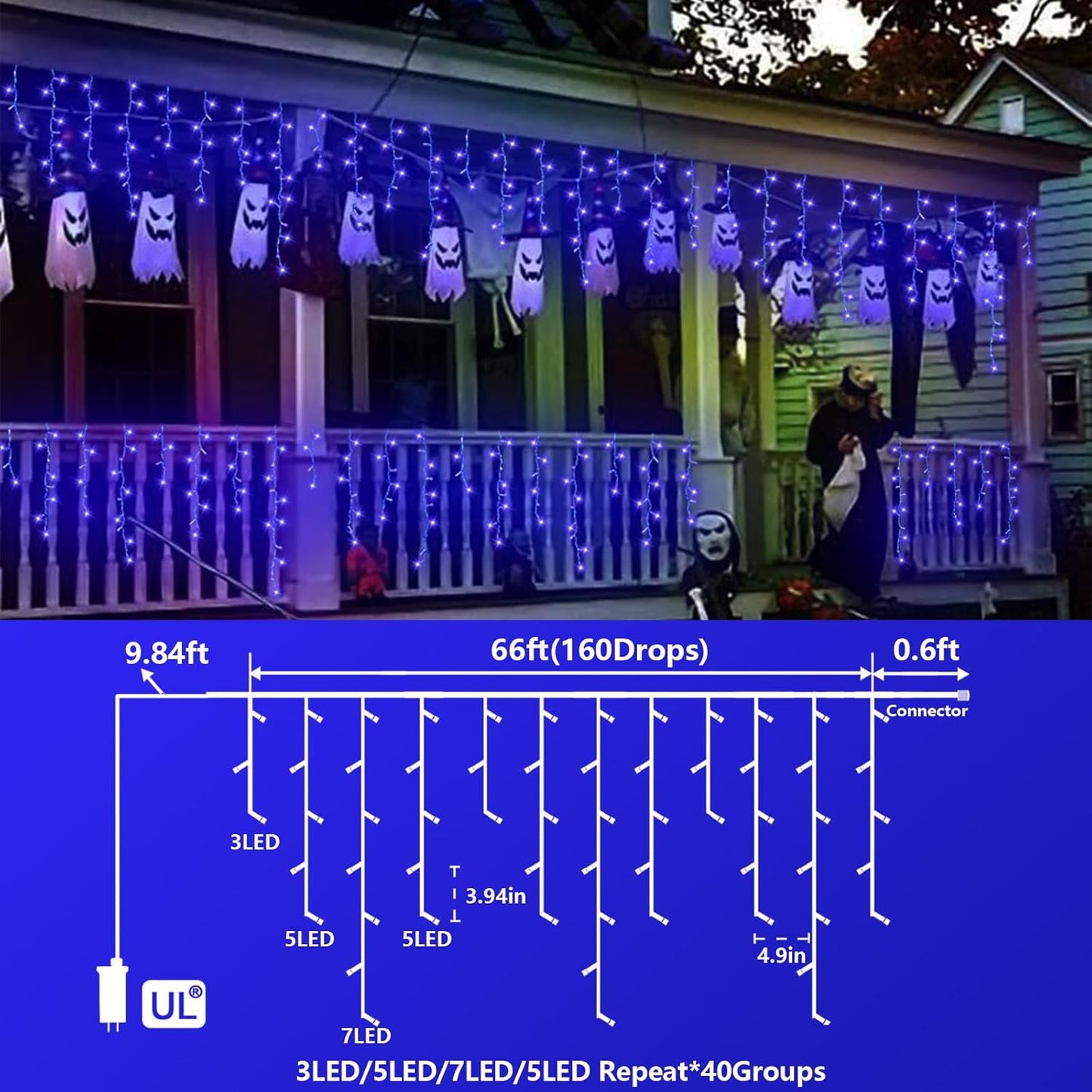 QITONG Blue Icicle Lights for Outside, 66ft 800 LED Halloween Light Indoor with 160 Drops, 8 Modes Clear Wire Connectable Christmas Lights Plug in