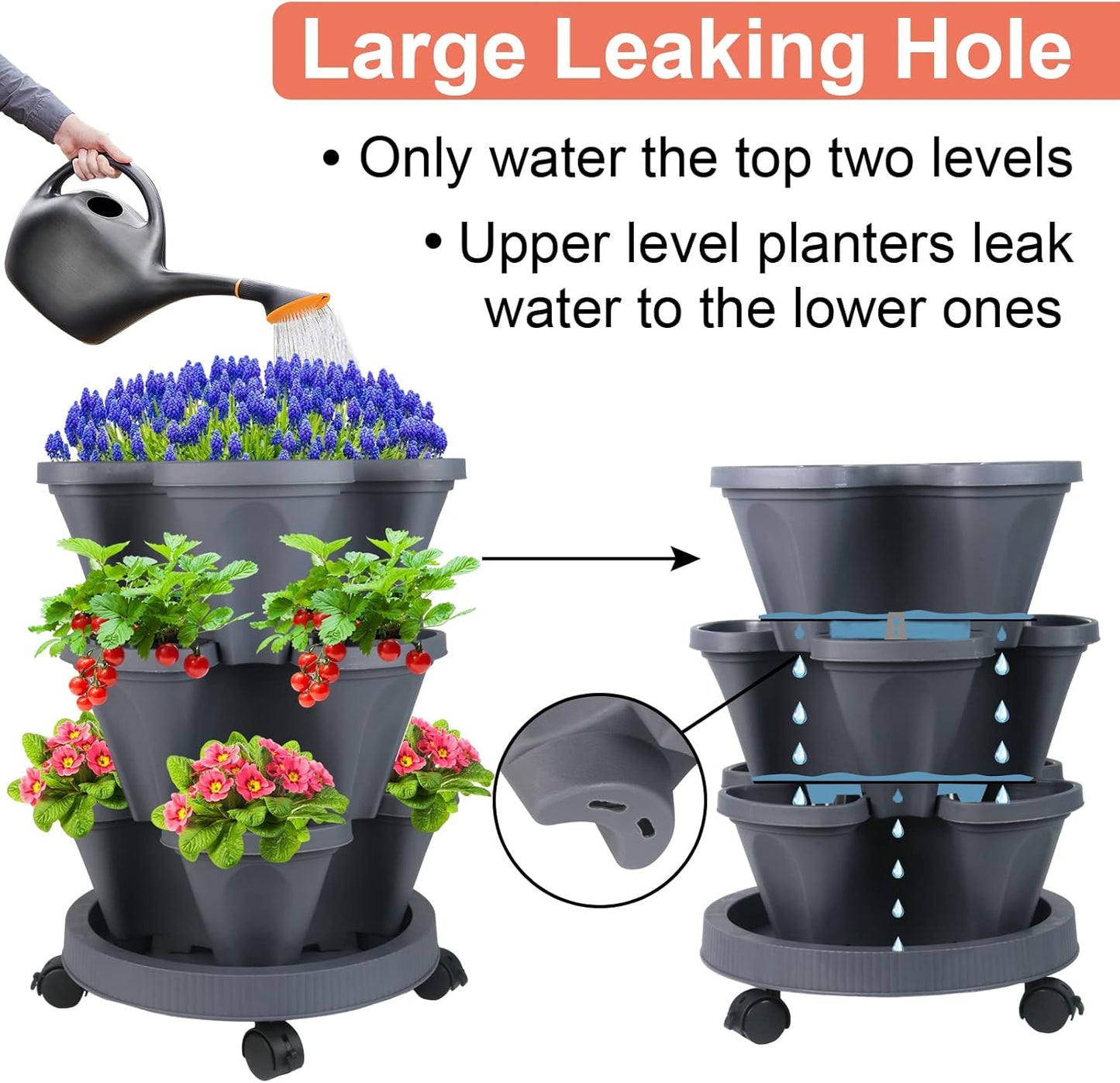 DUNCHATY Stackable Planter, Vertical Garden Planter with Wheels and Tools, Self Watering Strawberry Planter Indoor/Outdoor 3 Tier Herb Planter Pots for Growing Vegetables and Succulents, Dark Gray