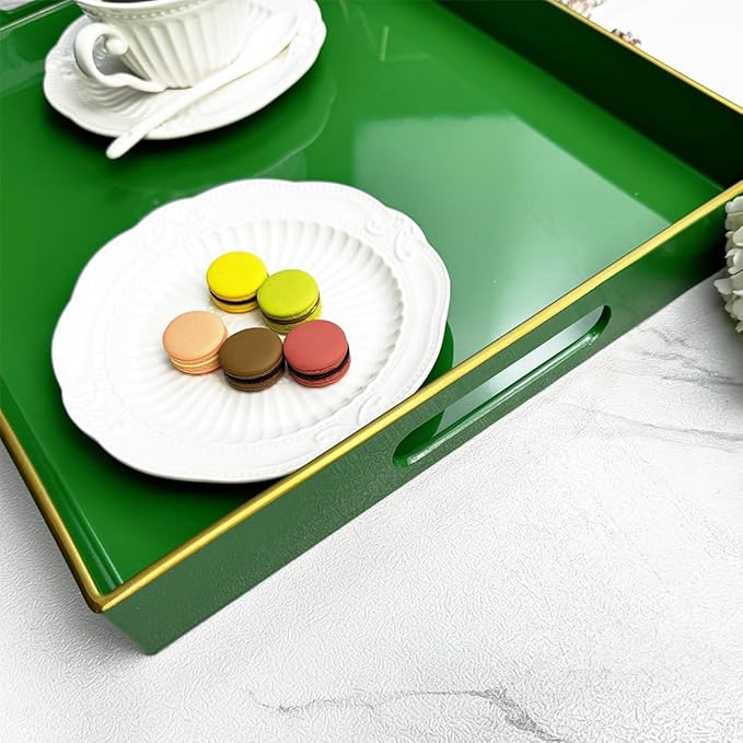 Large Decorative Tray, Emerald Green Serving Tray with Handles, Plastic Coffee Table Tray for Ottoman, Living Room, Bathroom, Decor. 15.7” x 11.8” x1.6”