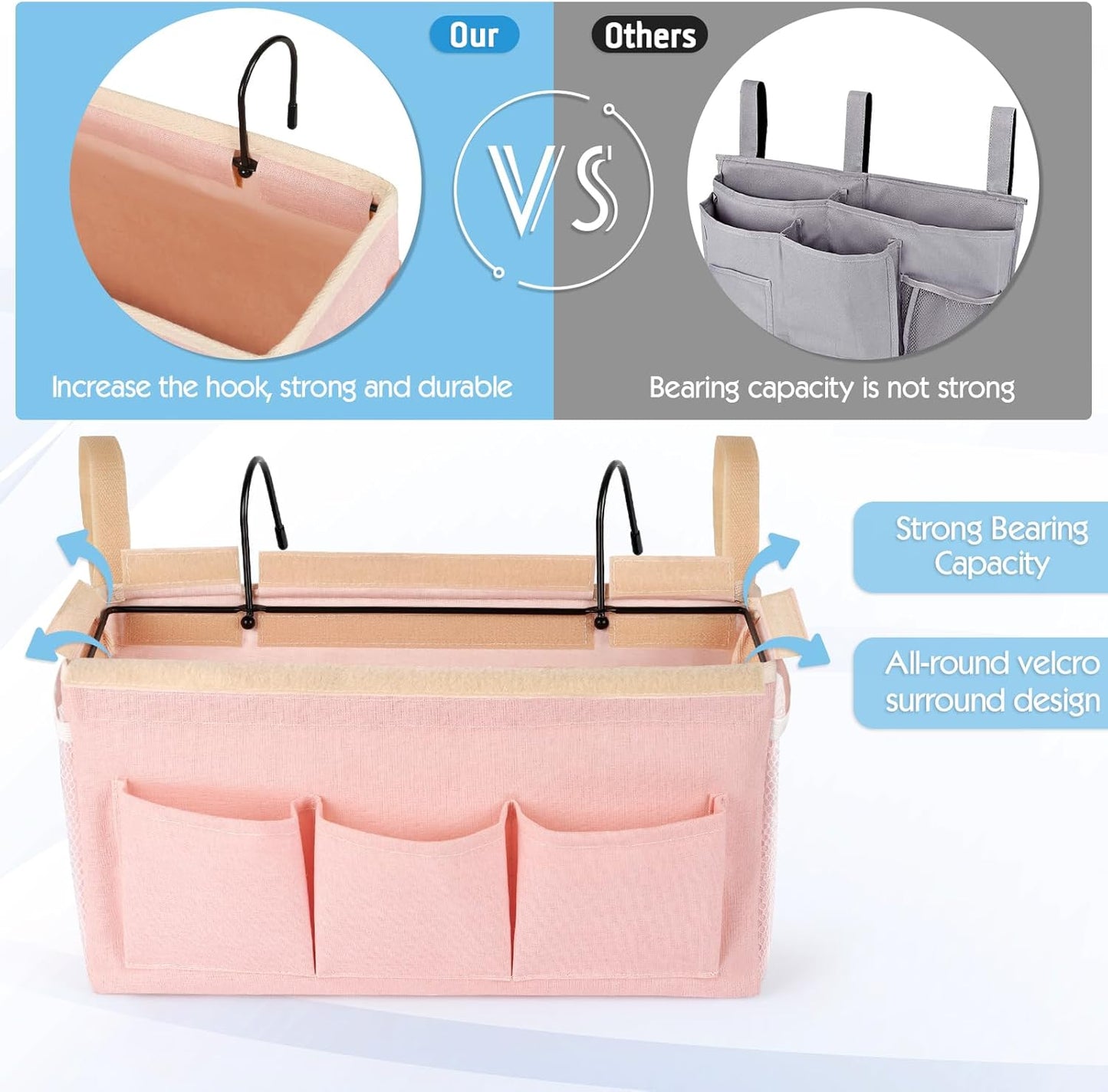 Bedside Storage Caddy/Bedside Hanging Storage Bag for Headboards Bunk Beds Dorm Rooms Book Phone Magazine Holder (New Pink)