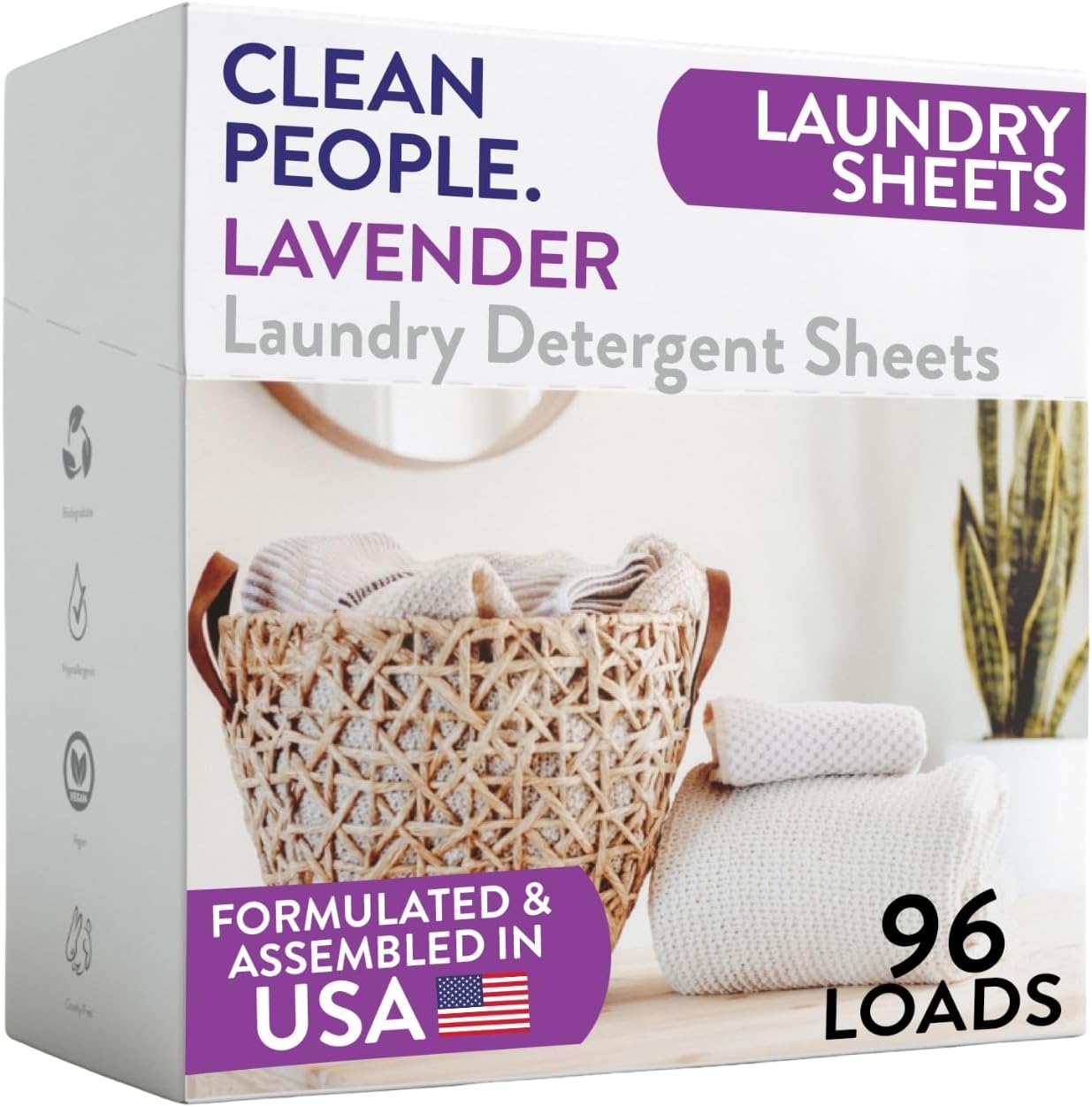 The Clean People Lavender Laundry Detergent Sheets - Laundry Soap - Ultra Concentrated, Recyclable Packaging, Stain Fighting - Lavender, 96 Pack