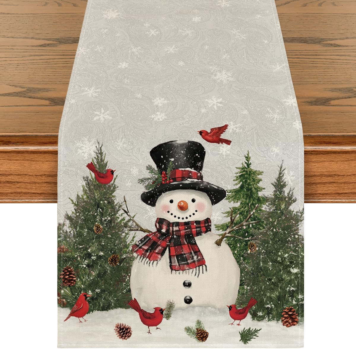 Artoid Mode Snowman Birds Trees Christmas Table Runner, Seasonal Silver Winter Holiday Kitchen Dining Table Decoration for Home Party Decor 13 x 48 Inch