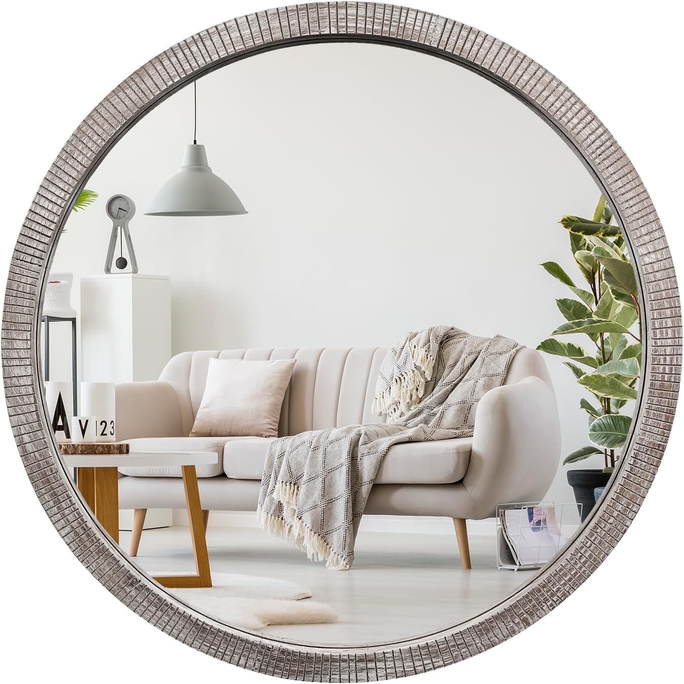 35" Round Wood Mirror, Large Wooden Round Mirror, Wood Round Mirrors for Wall Decor, Rustic Circle Wall Mirrors for Entryway, Living Room, White Washed Frame