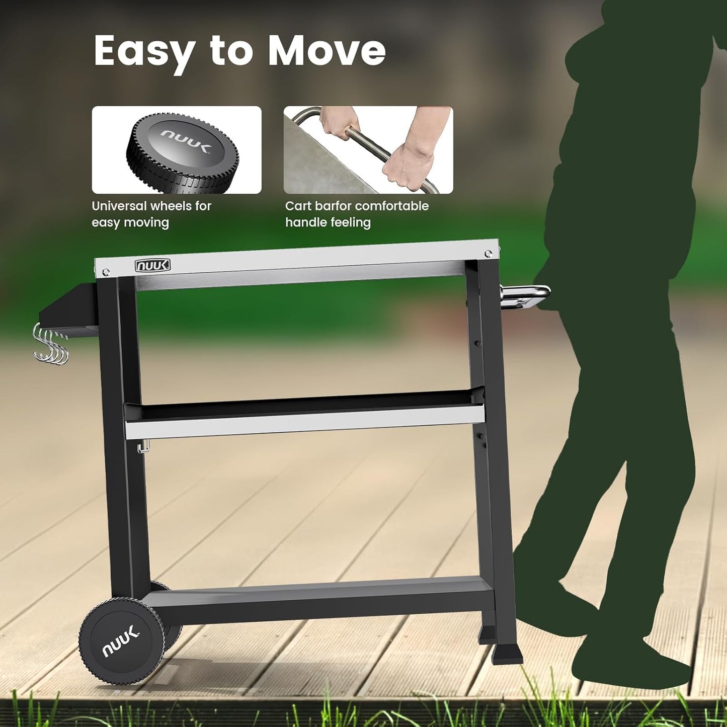 NUUK 3-Shelf Grill Cart with Stainless Steel Top – 20" x 32" Mobile Outdoor Kitchen Table for Pizza Oven, Food Prep, and Dining – Worktable with Wheels,