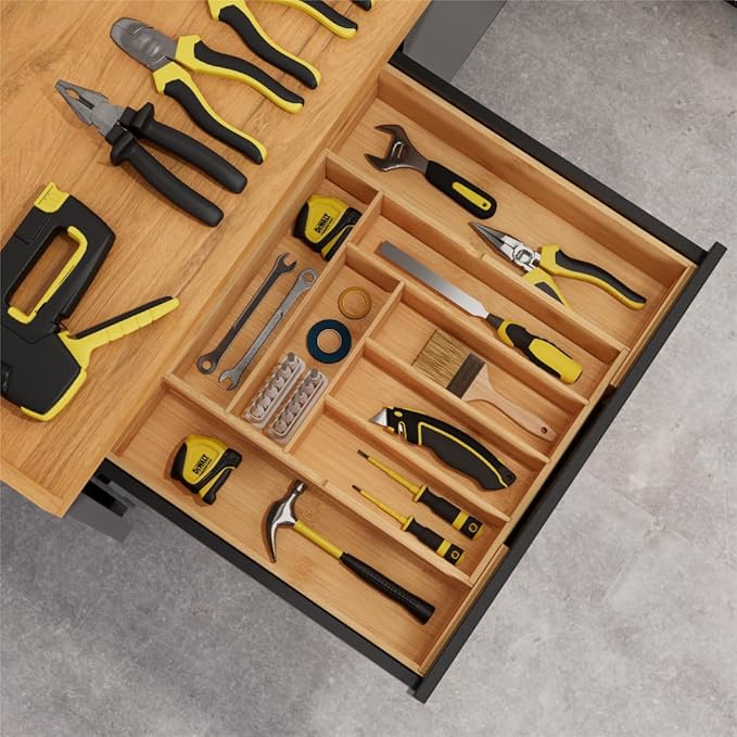 BAMEOS 3.9inch Tall Bamboo Drawer Organizer, Expandable Utensil Holder with 8 Compartments, Adjustable Kitchen Drawer Divider for Flatware, Silverware and Gadgets, Deep Storage for Home and Office