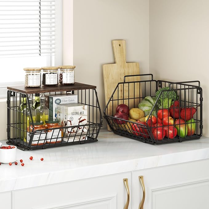 Wetheny 2 Tier Stackable Wall Mounted Wire Basket Fruit Basket with Wood Lid - Kitchen Pantry Organization and Storage, Hanging Storage Basket for fruits, Onion, Potato, Produce, Vegetable (Black)
