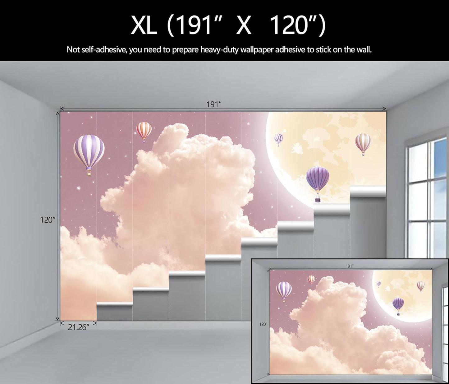 Pink and Purple Clouds Wallpaper Hand-Painted Hot Air Balloons Moon Wall Mural for Children's Room Girls Room (Not Peel and Stick)