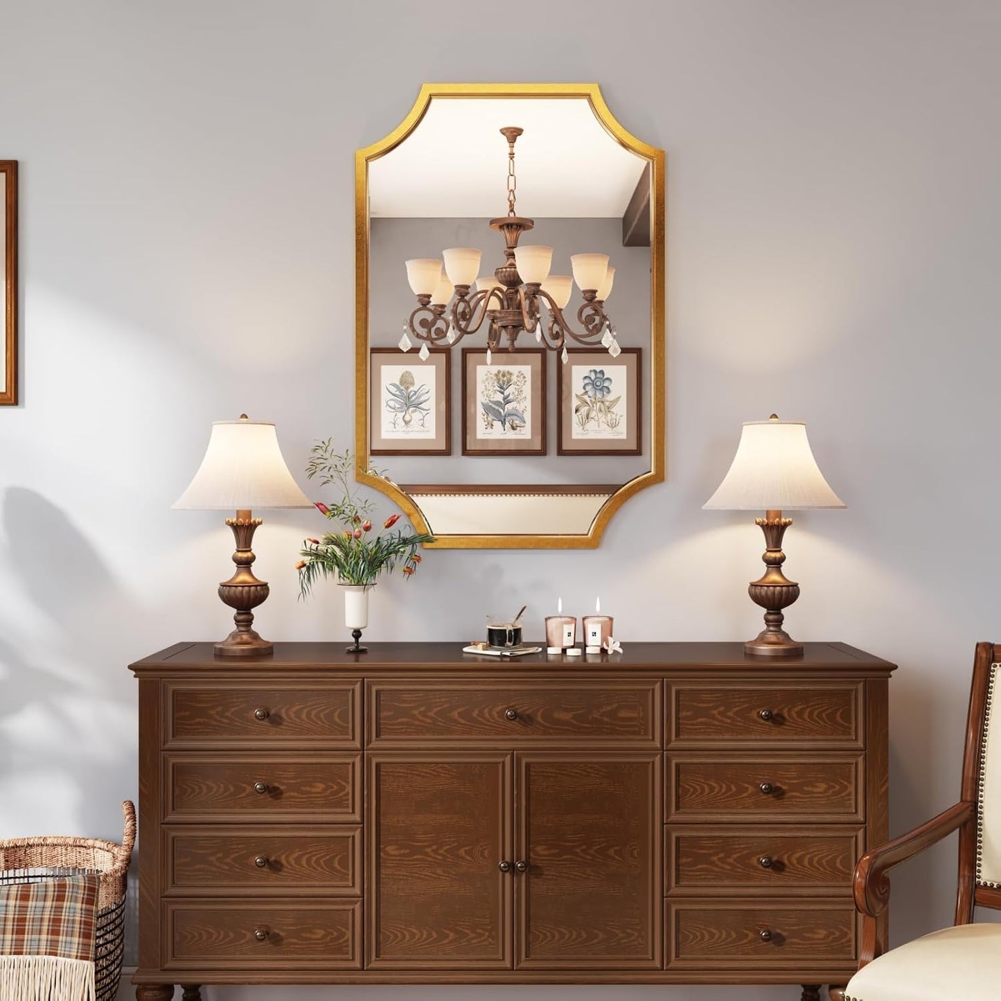 Kelly Miller 24"x36" Gold Mirror for Wall, Gold Scalloped Mirror Vanity Mirror Decorative Wall Mirror Art Beveled Framed for Master Bath Half Bath Living Room Fireplace Mantle Hallyway Entryway