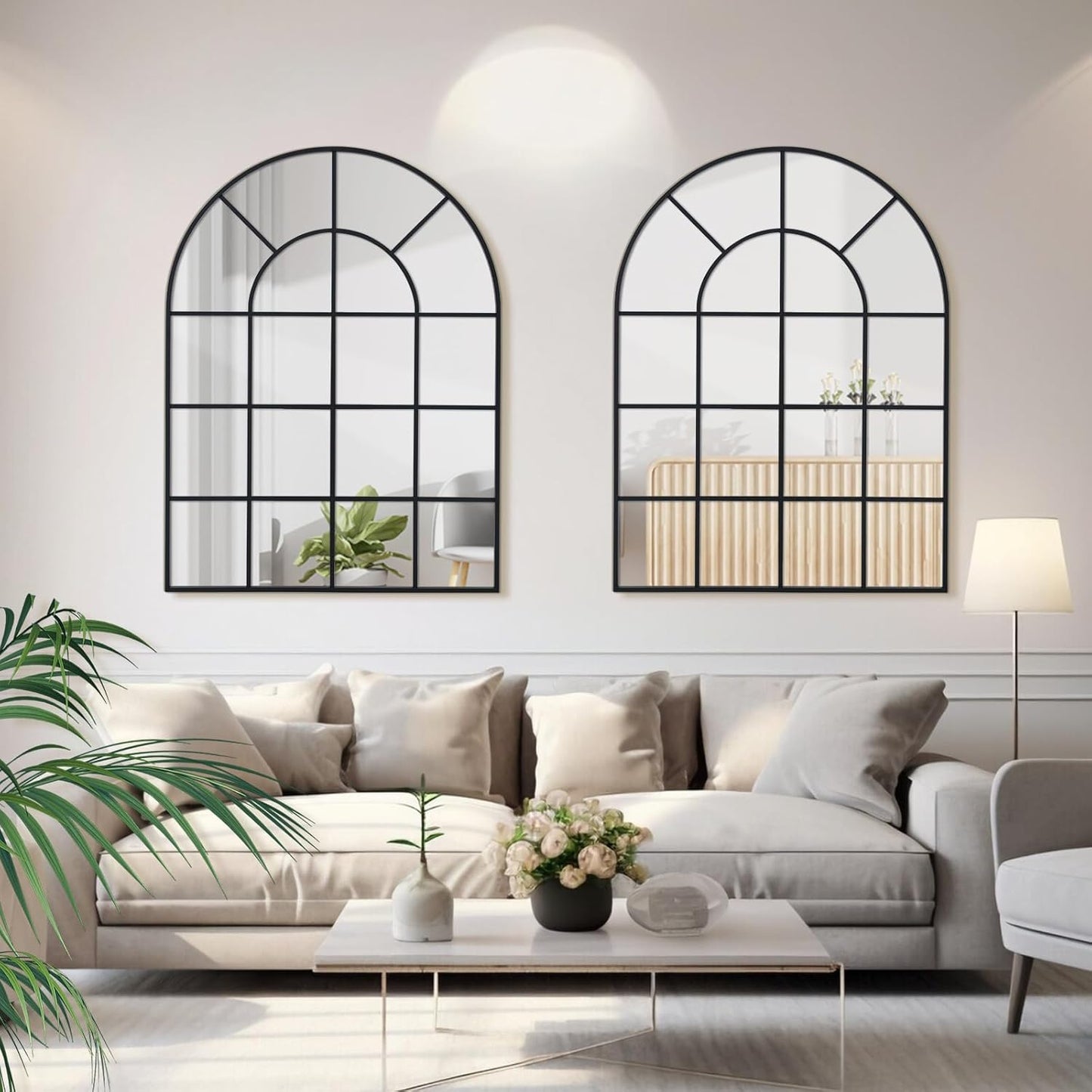 Arched Windowpane Wall Mirror 30"x48" Black Wall Mounted Art Pane Mirror Farmhouse Decorative Mirror Leaning Hanging Wall Mirror for Bedroom Living Room Entrance Hallway Wall Decor