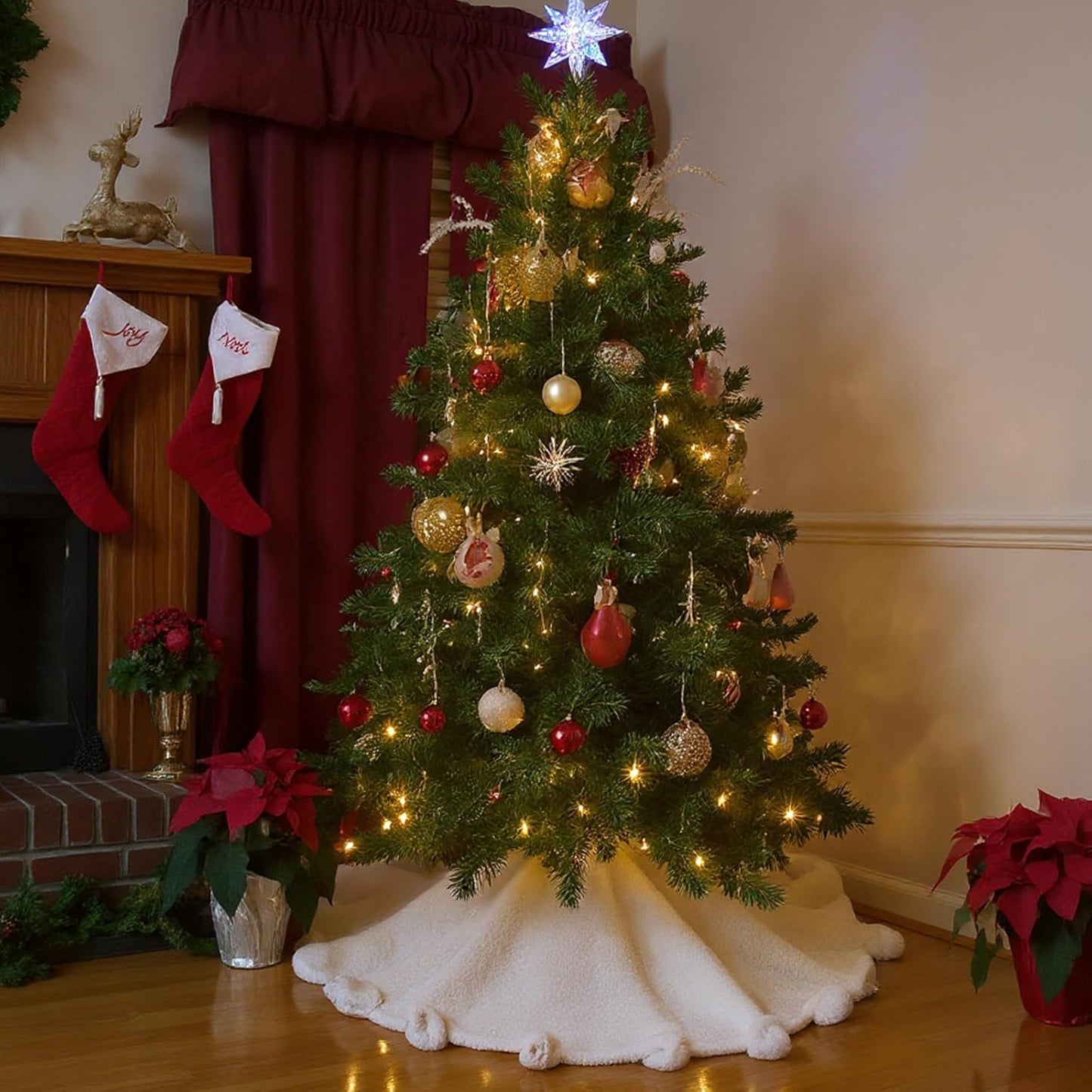 36 Inch Christmas Faux Fur Tree Skirt, White Plush Tree Skirt with Pom-pom Christmas Party Holiday Decorations for Home Indoor Outdoor Xmas Decor Supplies