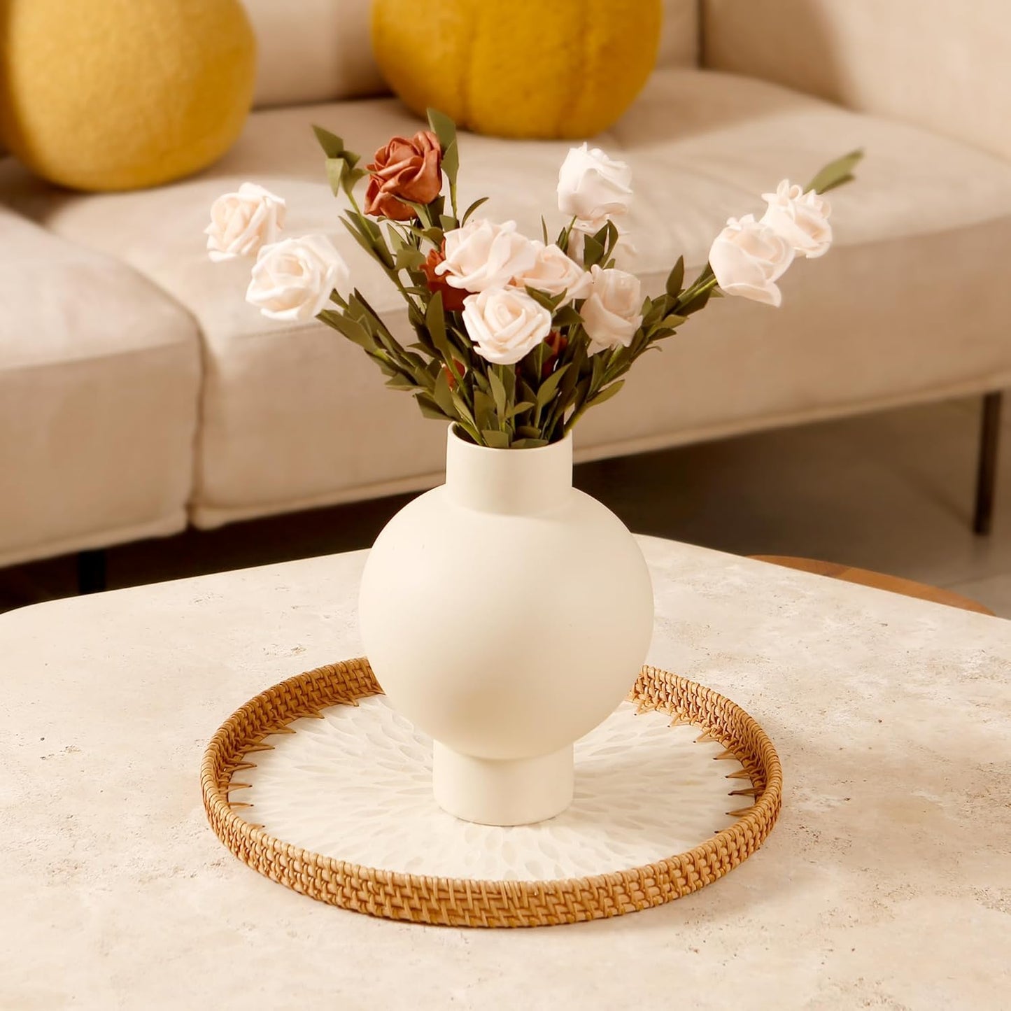 Round Rattan Tray with Mother of Pearl Inlay & Wooden Base - Decorative Wicker Serving Tray for Coffee/Bread/Fruits, Food Storage & Display - Multipurpose Home Decor (L,White Leaves)