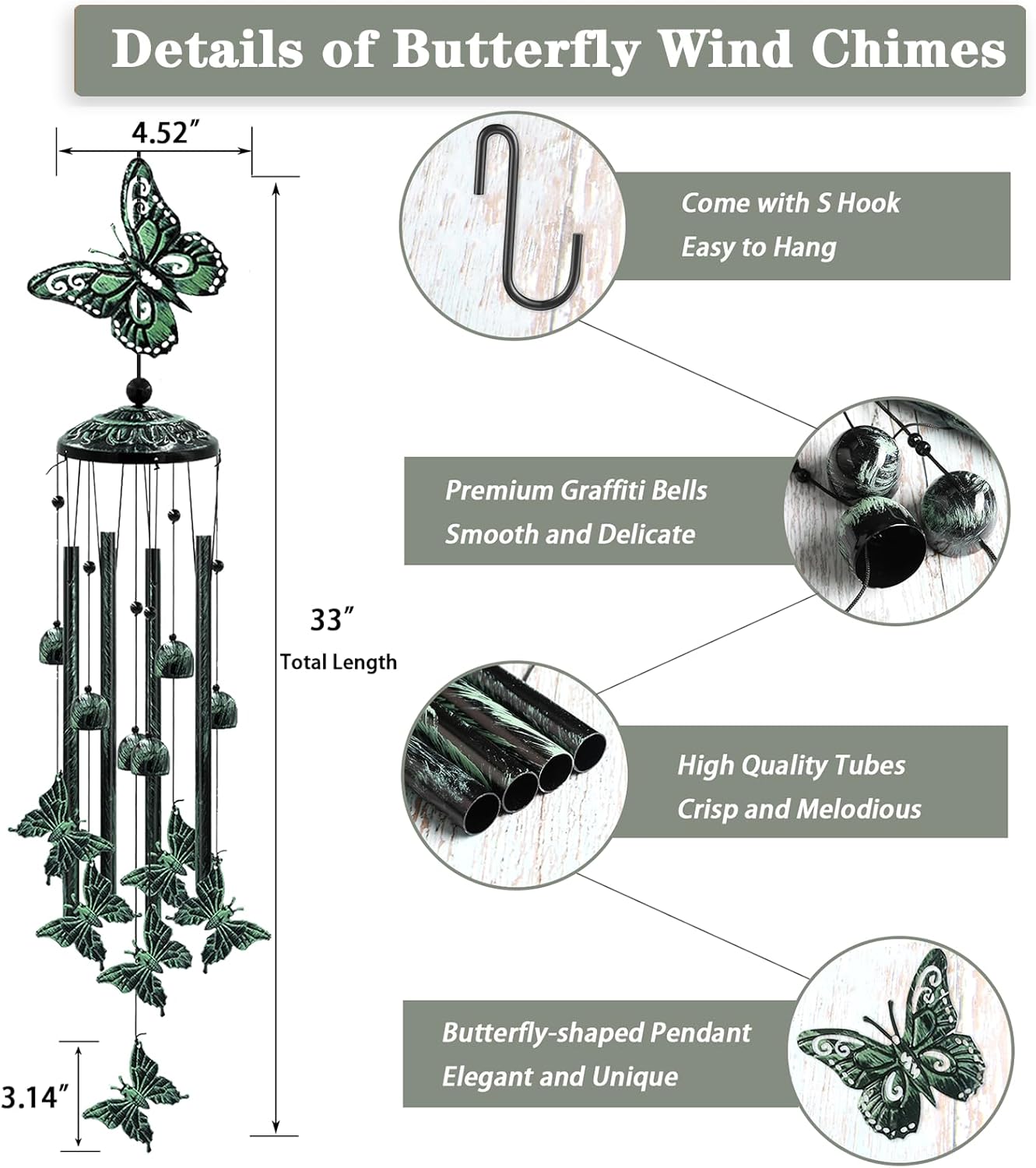 Wind Chimes for Outside, 33" Butterfly Wind Chimes Outdoor, Gifts for Women Mom Grandma Birthday, Gift for Garden Porch Patio Home Decor (Green)