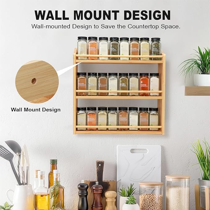 3 Tier Bamboo Spice Rack, Spice Rack Organizer, Seasoning Jars Rack Shelf Spice Organizer for Kitchen Counter or Wall Mounting, Bamboo Spice Storage Holder