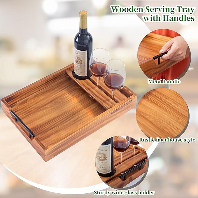 Wood Serving Tray with Handles, 17"x12" Rustic Wooden Trays with Removable Wine Glass Holder Decorative Ottoman Tray for Living Room, Coffee Table, Breakfast Food Trays in Bed