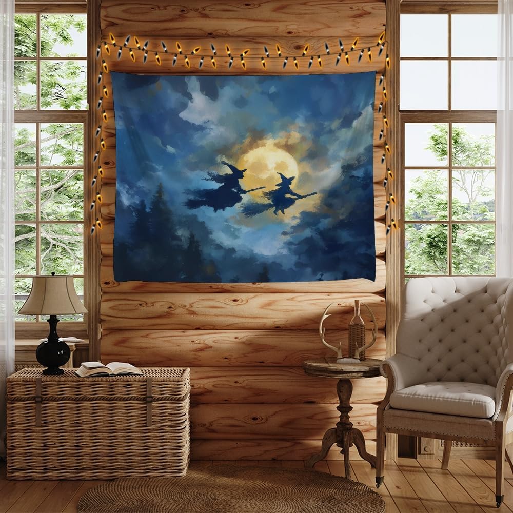 Spooky Halloween Witch Tapestry Wall Hanging Dark Fantasy Night Sky Aesthetic Print Flying Witches Under Full Moon Tapestries Horror Ghost Halloween Party Decor for Living Room Bedroom 50x60inch