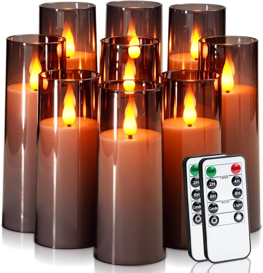 Amagic Grey Flameless Candles 9 Set, Battery Operated Candles with Remote Control and Timer, Flickering LED Pillar Candles for Home Halloween Decor, 3D Wick, Warm Yellow Light, D2.2 xH5 6" 7"