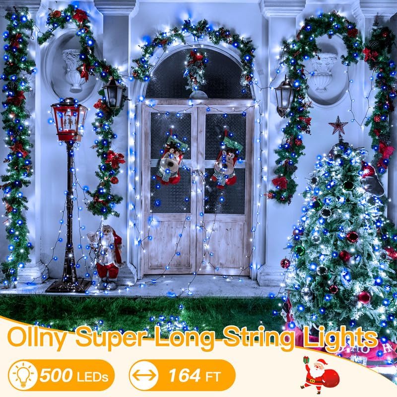 Ollny Christmas Lights, 500LED 164FT Long Christmas Tree Lights with 8 Modes Remote Timer IP44 Waterproof, Outdoor Christmas Lights for Tree House Yard Outside Xmas Decorations (Blue+White)